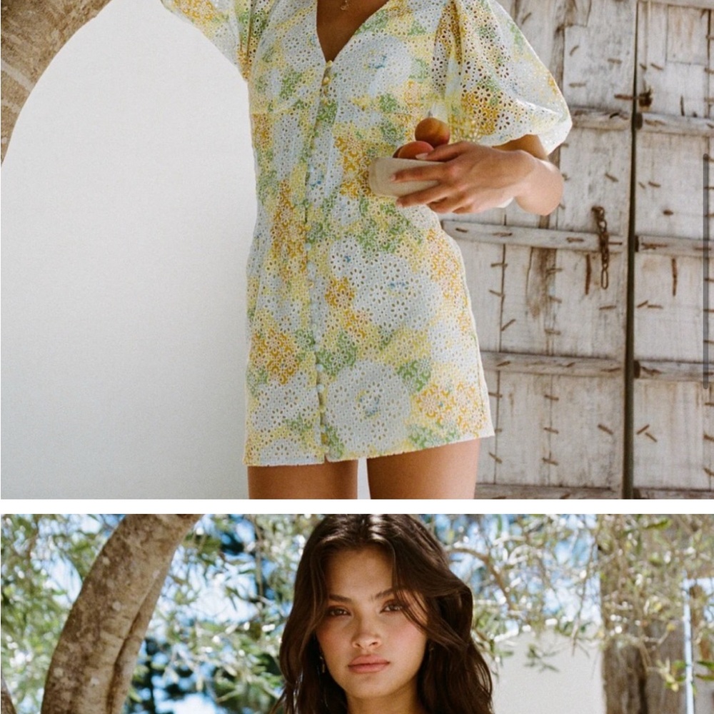 Sabo Skirt Floral Eyelet Mini Dress - Yellow and Green